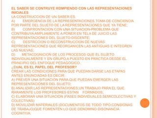 EL SABER SE CONTRUYE ROMPIENDO CON LAS REPRESENTACIONES INICIALESLA CONSTRUCCION DE UN SABER ES.A)        EMERGENCIA DE LA REPRESENTACIONES,TOMA DE CONCIENCIA POR PARTE DEL SUJETO DE LA REPRESENTACIONES QUE YA TIENE;B)        CONFRONTACION CON UNA SITUACION-PROBLEMA QUE CONTRIBUYA AMPLIAMENTE A PONER EN TELA DE JUICIO LAS REPRESENTACIONES DEL SUJETO-DISCENTE;C)        DESTRCCION O RECONSTRUCCION DE NUEVAS REPRESENTACIONES QUE REORGANICEN LAS ANTIGUAS E INTEGREN LAS NUEVAS;D)       METACOGNICION DE LOS PROCESOS QUE EL SUJETO INDIVIDUALMENTE Y EN GRUPO,A PUESTO EN PRACTICA DESDE EL PRINCIPIO DEL ENFOQUE PEDAGOGICO.¿CUAL ES EL PAPEL DEL PROFESOR?CREAR LAS CONDICIONES PARA QUE PUEDAN DARSE LAS ETAPAS ANTES ENUNCIADAS ES DECIR:A) PREVER UNA SITUACION PARA QUE PUEDAN EMERGER LAS REPRESENTACIONES DEL SUJETO;B) ANALIZAR LAS REPRESENTACIONES,UN TRABAJO PARA EL QUE RARAMENTE LOS PROFESORES ESTAN    FORMADOS;C) ELABORAR UNA SITUACION (FASES INDIVIDUALES,SEMICOLECTIVAS Y COLECTIVAS)D) MOVILIZAR MATERIALES (DOCUMENTOS DE TODO TIPO,CONSIGNAS DE TRABAJO)QUE FOMENTEN LO QUE DENOMINO DISONANCIA COGNITIVA.