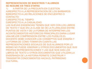 REPRESENTACION DE MAESTROS Y ALUMNOSSE RESUME EN TRES ETAPAS1)        A PARTIR DE LA PREGUNTA EN CUESTIONA)RESPECTO A LA REPRESENTACION DE LOS BARBAROS:B)RESPECTO A LAS RELACIONES DE ENCUENTRO O CONTACTO:C)RESPECTO AL TIEMPO:D)RESPECTO A LA CASUALIDAD:LAS NUEVAS EXIGENCIAS TIENEN QUE VER CON LOS LIBROS DE TEXTO Y QUE EN LA CLASE SE DE LA PLURALIDAD ENTRE PUNTOS DE VISTA Y DE LA FORMA DE INTERPRETAR LOS ACONTECIMIENTOS HISTORICOS PRINCIPALES DARIA LUGAR UNA MEJOR COMPRENSION ENTRE LOS PUEBLOS.EL DOCENTE DEBE CONOCER LOS CONSEPTOS QUE ENSEÑA Y LA FORMA DE CÓMO TOMAR EN CUENTA LAS REPRESENTACIONES SOCIALES DE SUS ALUMNOS POR LO MISMO NO PUEDE IGNORAR U OTROS DOCUMENTOS QUE SUS PROPIAS REPRESENTACIONES Y LAS QUE NOS DAN LOS LIBROS DE TEXTO U OTROS DOCUMENTOS QUE UTILIZAN,LA ENSEÑANZA DE LA HISTORIA PERMITE CONSTRUIR Y TRANSMITIR CONOCIMIENTOS HACIA EL PATRIMONIO CULTURAL.