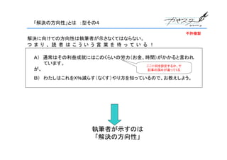 「解決の方向性」とは　：型その４

                                          不許複製
解決に向けての方向性は執筆者が示さなくてはならない。
つ ま り 、 読 者 は こ う い う 言 葉 を 待 っ て い る ！

  Ａ）　通常はその利益成就にはこのくらいの労力（お金、時間）がかかると言われ
  　　　ています。                  ここに何を設定するか、で
  が、                         記事の深みが違ってくる

  Ｂ）　わたしはこれをＸ％減らす（なくす）やり方を知っているので、お教えしよう。




                   執筆者が示すのは
                   「解決の方向性」
 