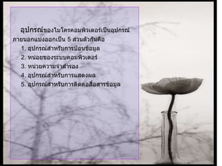 อุปกรณ์ ของไมโครคอมพิวเตอร์เป็นอุปกรณ์ ภายนอกแบ่งออกเป็น  5  ส่วนตัวกันคือ 1.  อุปกรณ์สำหรับการป้อนข้อมูล 2.  หน่อยของระบบคอมพิวเตอร์ 3.  หน่วยความจำสำรอง 4.  อุปกรณ์สำหรับการแสดงผล 5.  อุปกรณ์สำหรับการติดต่อสื่อสารข้อมูล 