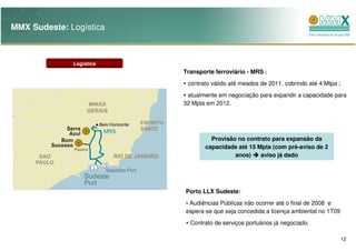 MMX Sudeste: Logística



              Logística
                          Transporte ferroviário - MRS :
                           contrato válido até meados de 2011, cobrindo até 4 Mtpa ;
                           atualmente em negociação para expandir a capacidade para
                          32 Mpta em 2012.




                                   Provisão no contrato para expansão da
                                 capacidade até 15 Mpta (com pré-aviso de 2
                                           anos)    aviso já dado




                          Porto LLX Sudeste:
                           Audiências Públicas irão ocorrer até o final de 2008 e
                          espera-se que seja concedida a licença ambiental no 1T09
                            Contrato de serviços portuários já negociado.

                                                                                       12
 