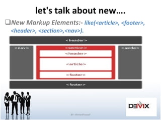 let's talk about new…. New Markup Elements:-  like(<article>, <footer>, <header>, <section>,<nav>). BY:-AhmedYousef 