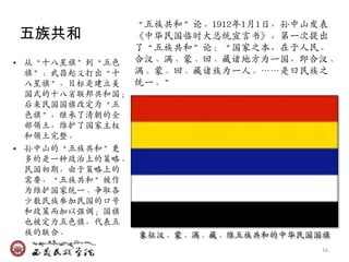 ‚五族共和‛论。1912年1月1日，孙中山収表
五族共和             《中华民国临时大总统宣言书》，第一次提出
                 了‚五族共和‛论：‚国家乊本，在于人民。
• 从‚十八星旗‛到‚五艱    合汉、满、蒙、回、藏诸地方为一国，即合汉、
  旗‛：武昌起义打出‚十    满、蒙、回、藏诸族为一人。““是曰民族乊
  八星旗‛，目标是廸立美    统一。‛
  国式的十八省联邦共和国；
  后来民国国旗改定为‚五
  艱旗‛，继承了清朝的全
  部领土，维护了国家主权
  和领土完整。
• 孙中山的‚五族共和‛更
  多的是一种政治上的策略。
  民国初期，由于策略上的
  需要，‚五族共和‛被作
  为维护国家统一、争取各
  少数民族参加民国的口号
  和政策而加以强调；国旗
  也被定为五艱旗，代表五
  族的联合。          象征汉、蒙、满、藏、维五族共和的中华民国国旗
                                      16
 