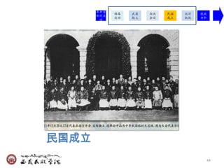 革命团
             保路   武昌   南北   民国   北洋   挽救
       体的活
             运动   起义   会谈   成立   执政   共和
        动




民国成立
                                       44
 