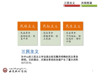 三民主义       共和宪政




民族主义       民权主义       民生主义
• 民族革命     • 政治革命     • 社会革命
• 驱除鞑虏，恢   • 推翻帝制，创   • 平均地权，核
  复中华        立民国        定地价，增价
                        归国



 三民主义
 孙中山的三民主义学说是比较完整而明确的民主革命
 纲领。它的提出，对推动革命的发展产生了重大而积
 极的影响。


                                        5
 