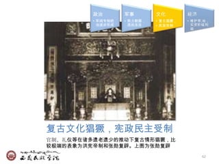 政治        军事        文化        经济
         • 军阀专制统   • 势力割据，   • 复古猖獗，   • 维护帝,地，
           治逐步形成     混战连连    • 宪政受制      买资阶级利
                                         益




复古文化猖獗，宪政民主受制
官制、礼仪等在诸多遗老遗少的推动下复古情形猖獗，比
较极端的表象为洪宪帝制和张勋复辟。上图为张勋复辟
                                            62
 