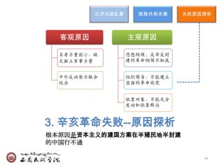 北洋当政乱象     挽救共和未竟    失败原因探析



  客观原因            主观原因

  自身力量弱小，缺        思想纲领：反帝反封
  乏独立军事力量         廸的革命纲领不彻底


  中外反动势力联合        组织领导：不能廸立
  绞杀              坚强的革命政党


                  依靠对象：不能充分
                  収动和依靠群众


3. 辛亥革命失败--原因探析
根本原因是资本主义的建国方案在半殖民地半封建
的中国行不通

                                  74
 