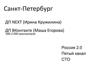 Санкт-Петербург ДП NEXT (Ирина Кружилина) ДП ВКонтакте (Маша Егорова) Россия 2.0 Пятый канал СТО 300-2 000 просмотров 