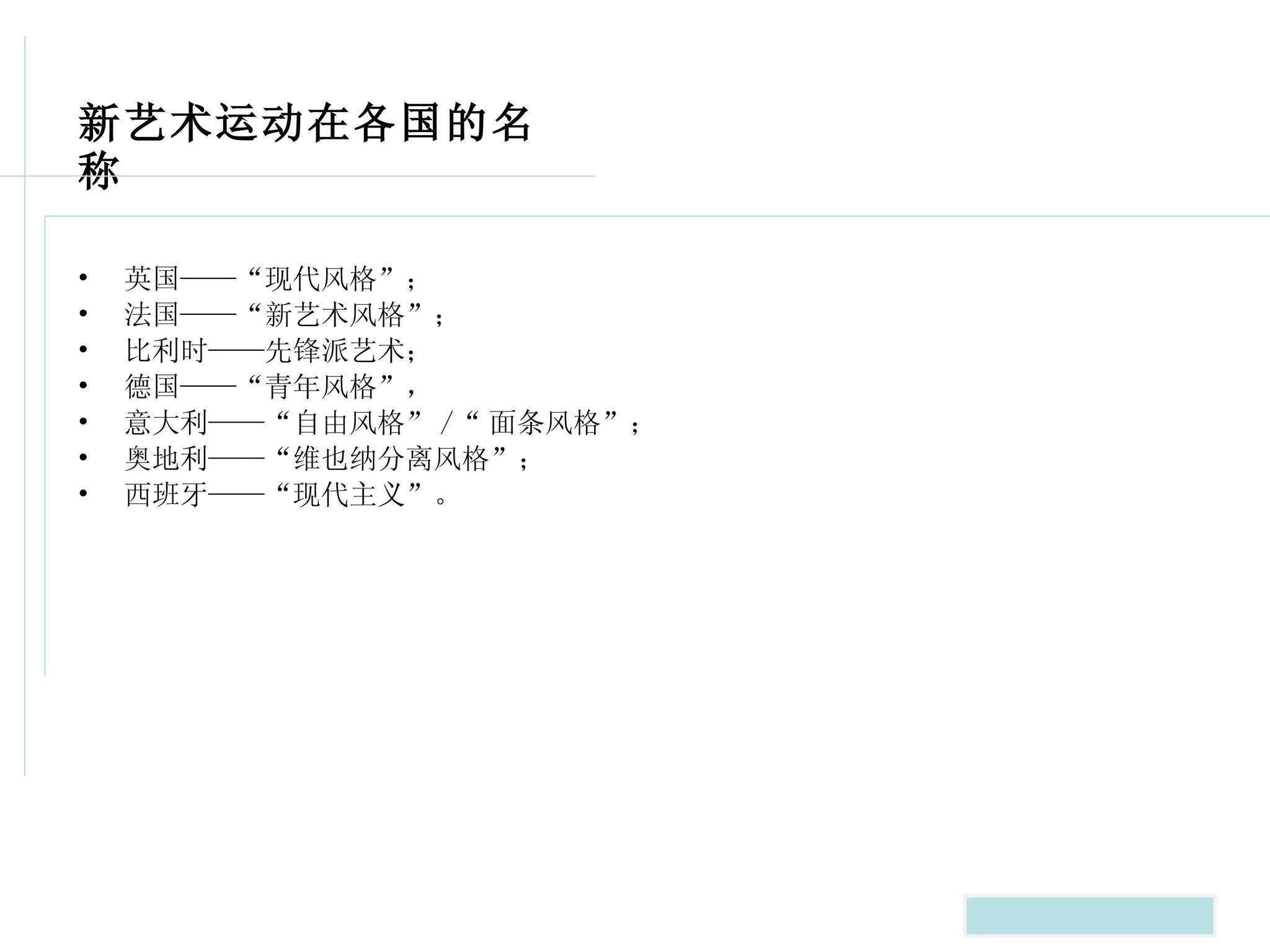 新艺术运动在各国的名称 英国——“现代风格”； 法国——“新艺术风格”； 比利时——先锋派艺术； 德国——“青年风格”， 意大利——“自由风格” /“ 面条风格”； 奥地利——“维也纳分离风格”； 西班牙——“现代主义”。  