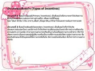 ประเภทของสิ่งล่อใจ   (Types of Incentives ) ประเภทที่   1  สิ่งล่อใจปฐมภูมิ (Primary Incentives)  เป็นสิ่งล่อใจที่สามารถทำให้เกิดความพึงพอใจในด้านความต้องการทางด้านสรีระ   เพื่อความมีชีวิตอยู่รอด   ได้แก่   ปัจจัย   5  คือ   อาหาร , เสื้อผ้า , ที่อยู่อาศัย , ยารักษาโรคและความต้องการทางเพศ ประเภทที่   2  สิ่งล่อใจทุติยภูมิ (Secondary Incentives)  เป็นสิ่งล่อใจที่ทำให้เกิดประสบการณ์แปลกใหม่   และมีการเร้าใจให้เกิดการเปลี่ยนแปลงในหน้าที่การทำงานที่ตรงกับความสนใจ   ความถนัด   ท้าทายความสามารถหรือเป็นงานใหม่ที่ลดความจำเจซ้ำซาก   ที่ทำให้เกิดความหน้าเบื่อหน่ายต่อผู้ปฏิบัติงานหรือเป็นงานที่มีการแข่งขันใช้ความรู้ความสามารถ   ซึ่งตรงกับลักษณะที่เป็นบุคคลที่มีความกระตือรือร้น   มีความขยันหมั่นเพียร   ตั้งใจการทำงานอย่างจริงจัง 