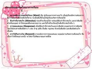 ประเภทของจิตวิทยาการเรียนรู้ 1     ความต้องการของผู้เรียน   ( Want)   คือ ผู้เรียนอยากทราบอะไร เมื่อผู้เรียนมีความต้องการอยากรู้อยากเห็นในสิ่งใดก็ตาม จะเป็นสิ่งที่ยั่วยุให้ผู้เรียนเกิดการเรียนรู้ได้ 2    สิ่งเร้าที่น่าสนใจ   ( Stimulus)   ก่อนที่จะเรียนรู้ได้ จะต้องมีสิ่งเร้าที่น่าสนใจ และน่าสัมผัสสำหรับมนุษย์ ทำให้มนุษย์ดิ้นรนขวนขวาย และใฝ่ใจที่จะเรียนรู้ในสิ่งที่น่าสนใจนั้น ๆ 3     การตอบสนอง  ( Response)  เมื่อมีสิ่งเร้าที่น่าสนใจและน่าสัมผัส มนุษย์จะทำการสัมผัสโดยใช้ประสาทสัมผัสต่าง ๆ เช่น ตาดู หูฟัง ลิ้นชิม จมูกดม ผิวหนังสัมผัส และสัมผัสด้วยใจ เป็นต้น  4     การได้รับรางวัล  ( Reward)   ภายหลังจากการตอบสนอง มนุษย์อาจเกิดความพึงพอใจ ซึ่งเป็นกำไรชีวิตอย่างหนึ่ง จะได้นำไปพัฒนาคุณภาพชีวิต  