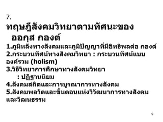 7. ทฤษฎีสังคมวิทยาตามทัศนะของ  ออกุส กองต์ 1. ภูมิหลังทางสังคมและภูมิปัญญาที่มีอิทธิพลต่อ กองต์ 2. กระบวนทัศน์ทางสังคมวิทยา  :  กระบวนทัศน์แบบองค์รวม  (holism) 3. วิธีวิทยาการศึกษาทางสังคมวิทยา  :  ปฏิฐานนิยม 4. สังคมสถิตและการบูรณาการทางสังคม 5. สังคมพลวัตและขั้นตอนแห่งวิวัฒนาการทางสังคมและวัฒนธรรม   