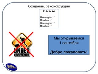 Создание, реконструкция Robots.txt User-agent: *  Disallow: / User-agent: *  Disallow: * Мы открываемся 1 сентября Добро пожаловать! 