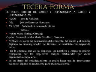 TECERA FORMA SE PUEDE DIRIGIR DE CARGO Y DEPENDENCIA A CARGO Y DEPENDENCIA, ASI: PARA:        Jefe de Almacén DE:            Jefe de Recursos Humanos  ASUNTO:    Solicitud elementos de oficina Texto....  Ivonne María Noriega Camargo   Copias:  Doctora Lourdes María Caballero, Directora   NOTAS: Los datos del destinatario, del remitente, del asunto y el nombre digitado  (o mecanografiado)  del firmante, se escribirán con mayúscula inicial. En la empresa que así lo disponga, los nombres y cargos se podrán reemplazar por los respectivos códigos establecidos por dicha organización empresarial.   En los datos del encabezamiento se podrá hacer uso de abreviaturas cuando el espacio es insuficiente para una línea extensa. 