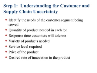 Step 1:  Understanding the Customer and Supply Chain Uncertainty Identify the needs of the customer segment being served Quantity of product needed in each lot Response time customers will tolerate Variety of products needed Service level required Price of the product Desired rate of innovation in the product 