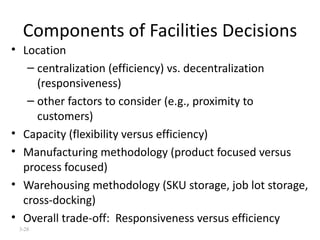 Components of Facilities Decisions Location centralization (efficiency) vs. decentralization (responsiveness) other factors to consider (e.g., proximity to customers) Capacity (flexibility versus efficiency) Manufacturing methodology (product focused versus process focused) Warehousing methodology (SKU storage, job lot storage, cross-docking) Overall trade-off:  Responsiveness versus efficiency 3- 
