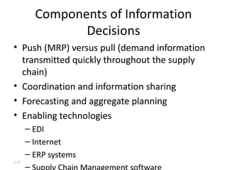 Components of Information Decisions Push (MRP) versus pull (demand information transmitted quickly throughout the supply chain) Coordination and information sharing Forecasting and aggregate planning Enabling technologies EDI Internet ERP systems Supply Chain Management software Overall trade-off:  Responsiveness versus efficiency 3- 