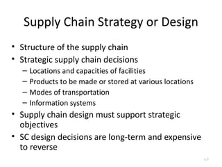 Supply Chain Strategy or Design Structure of the supply chain  Strategic supply chain decisions Locations and capacities of facilities Products to be made or stored at various locations Modes of transportation Information systems Supply chain design must support strategic objectives SC design decisions are long-term and expensive to reverse 1- 