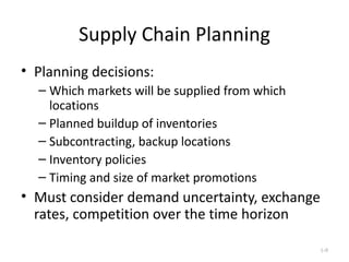 Supply Chain Planning Planning decisions: Which markets will be supplied from which locations Planned buildup of inventories Subcontracting, backup locations Inventory policies Timing and size of market promotions Must consider demand uncertainty, exchange rates, competition over the time horizon 1- 