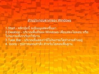 ส่วนประกอบต่างๆของ  Windows   1.Start -  คลิกปุ่มนี้ จะมีเมนูแสดงขึ้นมา   2.Desktop -  บริเวณพื้นที่ของ  Windows  เพื่อแสดงไอคอน หรือ โปรแกรมที่เราเรียกใช้งาน   3.Task Bar -  บริเวณที่แสดงว่ามีโปรแกรมใดทำงานค้างอยู่   4. Icons -  รูปภาพแทนคำสั่ง สำหรับไอคอนพื้นฐาน   