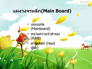 แ ผงวงจรหลัก (Main Board) เมนบอร์ด   (Mainboard) หน่วยความจำสำรอง  ( RAM)  ฮาร์ดดิสก์  ( Hard disk) 
