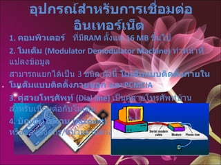 อุปกรณ์สำหรับการเชื่อมต่ออินเทอร์เน็ต   1.  คอมพิวเตอร์  ที่มี RAM   ตั้งแต่  16 MB   ขึ้นไป  2.  โมเด็ม  (Modulator Demodulator Machine)   ทำหน้าที่แปลงข้อมูล สามารถแยกได้เป็น  3  ชนิด ดังนี้  โมเด็มแบบติดตั้งภายใน   โมเด็มแบบติดตั้งภายนอก   และ PCMCIA 3.  คู่สายโทรศัพท์  (Dial line)   เป็นคู่สายโทรศัพท์บ้านสำหรับเชื่อมต่อกับโมเด็ม  4.  บัญชีผู้ใช้งาน  (Account)   จากผู้ให้บริการเอกชน  ISP   หรือขององค์กร / หน่วยงานต่างๆ  