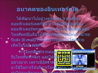 อนาคตของอินเทอร์เน็ต   ได้พัฒนาไปอย่างต่อเนื่อง จากเครื่องคอมพิวเตอร์เดสก์ท็อป โน้ตบุ๊กไปสู่เครื่องคอมพิวเตอร์พกพาที่เรียกกันว่า  Palmtop   และโทรศัพท์มือถือโทรศัพท์มือถือยุคใหม่สามารถรับส่ง  (E-mail)   รวมทั้งการท่องเว็บไซต์ด้วยเทคโนโลยี  WAP ได้ การโทรศัพท์จากคอมพิวเตอร์ไปยังเครื่องรับโทรศัพท์จริงๆ และได้รับความนิยมเป็นอย่างมาก เพราะมีอัตราค่าโทรศัพท์ที่ถูกกว่ามาใช้ในการให้บริการโทรศัพท์ทางไกล  Ytel   ทำให้ค่าบริการลดลง ด้วยการกดหมายเลข  1234  ในประเทศไทยได้นำเอาเทคโนโลยีเครือข่ายอินเทอร์เน็ต  