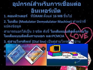 อุปกรณ์สำหรับการเชื่อมต่ออินเทอร์เน็ต   1.  คอมพิวเตอร์  ที่มี RAM   ตั้งแต่  16 MB   ขึ้นไป  2.  โมเด็ม  (Modulator Demodulator Machine)   ทำหน้าที่แปลงข้อมูล สามารถแยกได้เป็น  3  ชนิด ดังนี้  โมเด็มแบบติดตั้งภายใน   โมเด็มแบบติดตั้งภายนอก   และ PCMCIA 3.  คู่สายโทรศัพท์  (Dial line)   เป็นคู่สายโทรศัพท์บ้านสำหรับเชื่อมต่อกับโมเด็ม  4.  บัญชีผู้ใช้งาน  (Account)   จากผู้ให้บริการเอกชน  ISP   หรือขององค์กร / หน่วยงานต่างๆ  