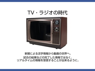 TV・ラジオの時代




    新聞による活字情報から動画の世界へ。
   試合の結果などの完了した情報ではなく、
リアルタイムの情報を受信することが出来るように。
 