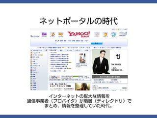 ネットポータルの時代




     インターネットの膨大な情報を
通信事業者（プロバイダ）が階層（ディレクトリ）で
    まとめ、情報を整理していた時代。
 