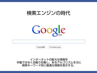 検索エンジンの時代




     インターネットの膨大な情報を
手動ではなく自動で収集し、あるアルゴリズムを元に
  検索キーワード別に最適な情報を表示する。
 