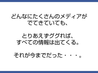 どんなにたくさんのメディアが
   でてきていても、

 とりあえずググれば、
すべての情報は出てくる。

それが今までだった・・・。
 