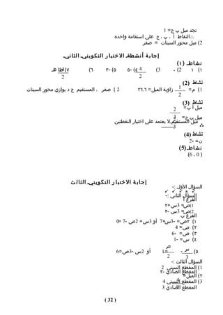 ‫نﺠد ميل ب ج = 1‬
                                                 ‫∴النقاط أ ، ب ، ج علي استقامة واحدة‬
                                                             ‫2( ميل محور السينات = صفر‬

                ‫إ ج ا ب ة أ ن ش طةـ ال خ ت ب ا ر ا ل ت ك و ي نيـ ا ل ث ا نيـ‬
                                                                                   ‫ن ش اطـ ) ١ (‬
           ‫٧( ظا هـ‬
                ‫4‬                ‫٦(‬         ‫٥( - ٣‬        ‫4 ٤( - ٥‬        ‫3(‬     ‫2( ٠‬      ‫١( ١‬
                ‫2‬                                                ‫2‬
                                                                                         ‫نشاط )2(‬
‫2 ( صفر ، المستقيم ج د يوازي محور السينات‬                       ‫زاوية الميل = ٦.٦٢‬   ‫1‬     ‫1( م =‬
                                                                                     ‫2‬
                                                                                         ‫نشاط )3(‬
                                                                              ‫ميل أ ب = 2‬
                                                                              ‫ميل ب ج = 2‬
                                                                              ‫3‬
                                                 ‫ميل المستقيم ل يعتمد علي اختيار النقطتين‬
                                                                              ‫3‬
                                                                                         ‫نشاط )4(‬
                                                                                            ‫ن = -2‬
                                                                                     ‫ن ش اطـ )5 (‬
                                                                                           ‫) 0 ، 6(‬




                      ‫إ ج ا ب ة ال خ ت ب ا ر ال ت ك و ي نيـ ال ث ا ل ث‬
                                                                                 ‫السؤال الول :-‬
                                                                               ‫‪    ‬‬
                                                                         ‫السؤال الثاني :-‬
                                                                                    ‫الفرع أ‬
                                                                         ‫1(ص= 3س +٢‬
                                                                         ‫2(ص= 3س -٢‬
                                                                                 ‫الفرع ب‬
                                                     ‫١( ٢ص = -3س+7 أو 3س + 2ص -7 =0‬
                                                                              ‫٢( ص = 4‬
                                                                            ‫٣( ص = -6‬
                                                                             ‫٤( س = -1‬
                                                                         ‫ص‬
                                                     ‫أو 2س -3ص =6‬      ‫=1‬         ‫٥( س -‬
                                                                          ‫2‬           ‫3‬
                                                                            ‫السؤال الثالث :-‬
                                                                       ‫1( المقطع السيني 2‬
                                                                      ‫المقطع الصادي -٣‬
                                                                                   ‫٢( الميل =‬
                                                                               ‫3( المقطع 4‬
                                                                        ‫السيني 4‬
                                                                       ‫المقطع الصادي 3‬
                                                                               ‫7‬

                                           ‫) 23 (‬
 