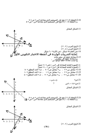 ‫01- أ( النقطة )٢، ٣ ( تقع على المستقيم الذي معادلته ٣س + ص = ٩‬
                            ‫ب( النقطة )٢، ١ ( ل تقع على المستقيم الذي معادلته ٢س - ص = ٥‬


                                                                             ‫11- الشكل المقابل‬

               ‫4‬
              ‫3‬
              ‫2‬
              ‫1‬

‫-1 -2 -3 -4‬                                                          ‫21- الزوج المرتب ) ٢ ، ٣ (‬
              ‫2 1-1‬   ‫3‬
              ‫-2‬                                                     ‫31- الزوج المرتب ) ٤ ، ٣ (‬
              ‫-3‬                                 ‫41- ثمن القلم ٥٣ شيكل ، ثمن الكرة = ٠٦ شيكل‬
              ‫إجابة التدريبات الواردة في أنشطة الختبار التكويني الول‬
                                                             ‫51- أ( معادلة خطية في متغير واحد‬
                                                          ‫٢‬
                                                             ‫ب( معادلة خطية في متغيرين .‬
                                                            ‫ج( ليست معادلة خطية لوجود س‬

                                           ‫61-الصورة العامة للمعادلة هي ٣س – ٤ص + ١ = صفرا‬
                                           ‫71-الصورة العامة للمعادلة هي ٢س + ص – ٠١ = صفرا‬
                           ‫81- أ = معامل س = ٣ ، ب = معامل ص = -٢ ، جـ = الحد المطلق = -٧‬
                          ‫91- أ = معامل س = ٢ ، ب = معامل ص = ١ ، جـ = الحد المطلق = -١‬
                          ‫02- أ = معامل س = ٣ ، ب = معامل ص = -٢ ، جـ = الحد المطلق = -٤‬

                                                          ‫2–3س‬                         ‫12-ص=‬
               ‫4‬                                           ‫5‬               ‫22-ص= ٥١ – ٠٢س‬
              ‫3‬
              ‫2‬                                                              ‫32- الشكل المقابل‬
              ‫1‬

‫-1 -2 -3 -4‬
              ‫3 2 1-1‬
              ‫-2‬               ‫42- أ( النقطة )٢، ٣ ( تقع على المستقيم الذي معادلته ٣س + ص = ٩‬
              ‫-3‬            ‫ب( النقطة )٢، ١ ( ل تقع على المستقيم الذي معادلته ٢س - ص = ٥‬


                                                                             ‫52- الشكل المقابل‬
               ‫4‬
              ‫3‬
              ‫2‬
              ‫1‬

‫-1 -2 -3 -4‬
              ‫2 1-1‬   ‫3‬
              ‫-2‬                                                      ‫62- الزوج المرتب ) ٢ ، ٣ (‬
              ‫-3‬                                 ‫) 65 (‬
 