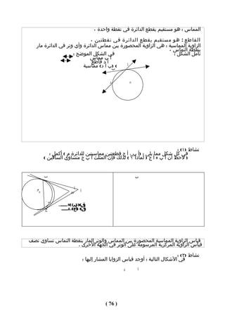‫المماس : هو مستقيم يقطع الدائرة في نقطة واحدة ٠‬

                             ‫القاطع : هو مستقيم يقطع الدائرة في نقطتين ٠‬
   ‫الزاوية المماسية : هي الزاوية المحصورة بين مماس الدائرة وأي وتر في الدائرة مار‬
                                                                 ‫بنقطة التماس ٠‬
                     ‫في الشكل الموضح :‬                             ‫تأمل الشكل :‬
                             ‫أ ب مماس‬
                              ‫أ د قاطع‬
                          ‫< )ب أ د( مماسية‬    ‫أ‬
                                                         ‫ب‬


                                                     ‫د‬           ‫×‬




                                                                         ‫نشاط )١( :‬
           ‫في كل شكل مما يلي : )أ ب ، أ ج قطعتين مماسيتين للدائرة م ( أكمل :‬
        ‫) لحظ أن أ ب = أ ج ) لماذا ؟ ( لذلك فإن المثلث أ ب ج متساوي الساقين (‬


            ‫ب‬                                                        ‫ب‬

   ‫م‬                            ‫أ‬
    ‫×‬                    ‫04 ْ‬       ‫أ‬
  ‫×م‬
        ‫ج‬
            ‫٥٥ ْ‬
                   ‫ق<))ب = ......‬
                     ‫ق < ب((=.....‬
            ‫ج‬        ‫ق< )أج( =.....‬
                      ‫ق< ) (=.......‬




‫قياس الزاوية المماسية المحصورة بين المماس والوتر المار بنقطة التماس تساوي نصف‬
                   ‫قياس الزاوية المركزية المرسومة على الوتر في الجهة الخرى .‬
                                                                                         ‫نشاط )٢( :‬
                                        ‫في الشكال التالية : أوجد قياس الزوايا المشار إليها :‬
                                                             ‫د‬       ‫أ‬




                                                   ‫) 67 (‬
 