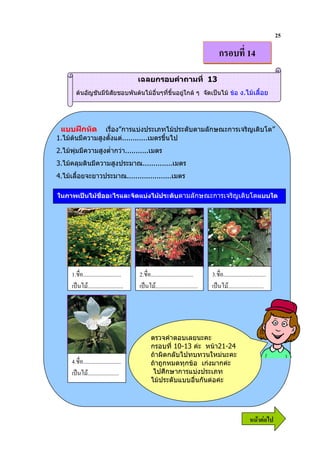 25

                                                                                  ก                14
                                       เฉลยกรอบคําถามที่ 13
       ตนอัญชันมีนิสัยชอบพันตนไมอื่นๆที่ขึ้นอยูใกล ๆ จัดเปนไม ขอ ง.ไมเลื้อย




 แบบฝกหัด       เรื่อง”การแบงประเภทไมประดับตามลักษณะการเจริญเติบโต”
1.ไมตนมีความสูงตั้งแต............เมตรขึ้นไป
2.ไมพุมมีความสูงต่ํากวา...........เมตร
3.ไมคลุมดินมีความสูงประมาณ..............เมตร
4.ไมเลื้อยจะยาวประมาณ.....................เมตร

ในภาพเปนไมชื่ออะไรและจัดแบงไมประดับตามลักษณะการเจริญเติบโตแบบใด




     1. ...........................    2. ..............................      3. ..............................
           .........................         ..............................         .........................




                                             ตรวจคําตอบเลยนะคะ
                                             กรอบที่ 10-13 คะ หนา21-24
                                             ถาผิดกลับไปทบทวนใหมนะคะ
     4. ...........................          ถาถูกหมดทุกขอ เกงมากคะ
           ......................             ไปศึกษาการแบงประเภท
                                             ไมประดับแบบอื่นกันตอคะ




                                                                                                     6 52
 