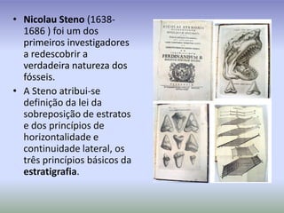 Nicolau Steno (1638-1686 ) foi um dos primeiros investigadores a redescobrir a verdadeira natureza dos fósseis.A Steno atribui-se definição da lei da sobreposição de estratos  e dos princípios de horizontalidade e continuidade lateral, os três princípios básicos da estratigrafia.