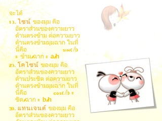 จะได้ 1).   ไซน์   ของมุม คือ อัตราส่วนของความยาวด้านตรงข้าม ต่อความยาวด้านตรงข้ามมุมฉาก ในที่นี้คือ   sin( A ) =  ข้าม / ฉาก  =  a / h   2).  โคไซน์  ของมุม คือ อัตราส่วนของความยาวด้านประชิด ต่อความยาวด้านตรงข้ามมุมฉาก ในที่นี้คือ   cos( A ) =  ชิด / ฉาก  =  b / h   3).  แทนเจนต์  ของมุม คือ อัตราส่วนของความยาวด้านตรงข้าม ต่อความยาวด้านประชิด ในที่นี้คือ   tan( A ) =  ข้าม / ชิด  =  a / b   