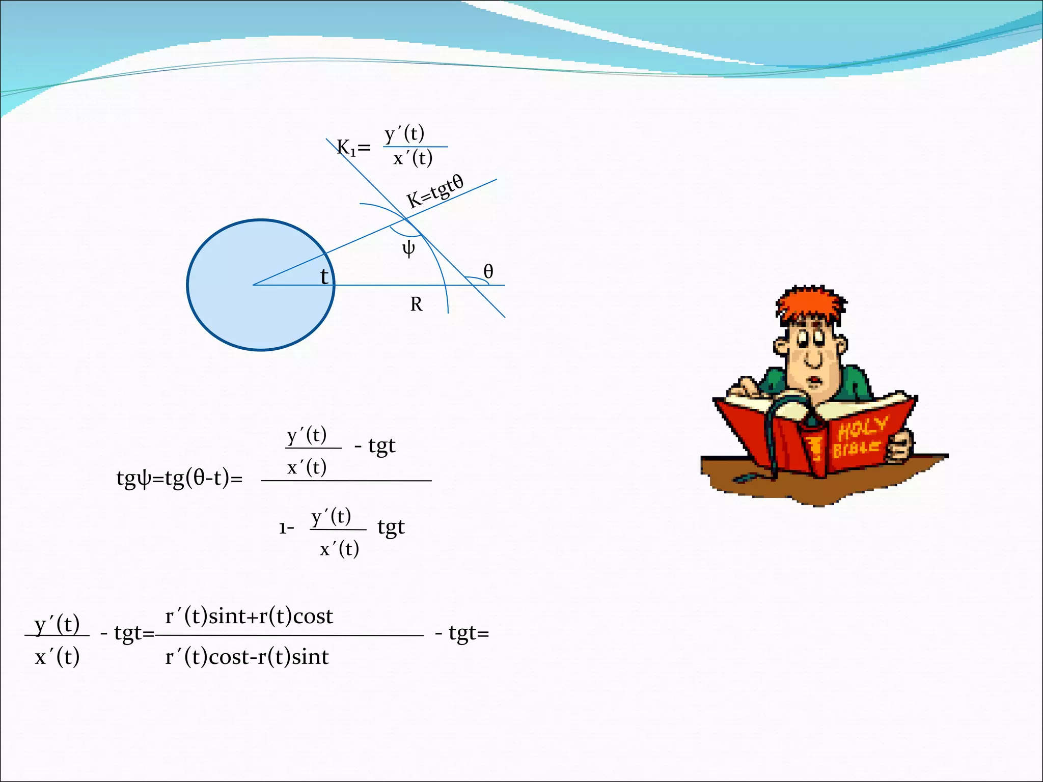 K₁ = y´(t) x´(t) θ ψ R tg ψ =tg( θ -t)= y´(t) x´(t) - tgt 1- y´(t) x´(t) tgt x´(t) y´(t) - tgt= r´(t)sint+r(t)cost r´(t)cost-r(t)sint - tgt= t K=tgt θ 