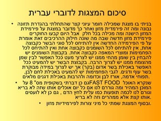 סיכום המצגות לדוברי עברית בניתי בו מצגת שמכילה חומר עיוני קצר שהתחלתי בהגדרת תזונה נבונה ומה זה פירמדית מזון ואחר כך מדובר במצגת על פירמידת המזון הישנה ומה מכילה בכל חלק  אבל היום קבעו החוקרים פירמידת מזון חדשה שבה מה שונה חילוק ההרכיבים זאת אומרת על פי הפירמידה החדשה אין להתיחס לכל סוגי הבשר כקבוצה אחת ,  אין להתיחס לכל השומנים כקבוצה אחת ואין להתיחס לכל הפחמימות ומוצרי המאפה כקבוצה אחת .  בקבוצת השומנים יש להבחין בין שומן מהחי ממנו יש לצרוך מעט ככל האפשר לבין שמן מהצומח ממנו יש לצרוך הרבה .  בקבוצת הבשר יש להמעיט ככל האפשר באכילת בשר אדום  ( בקר )  אך יש לצרוך במידה מבוקרת בשר עוף ודגים .  לגבי הפחמימות יש להמעיט באכילת לחם לבן ,  תפוחי אדמה ,  אורז לבן וכדומה ולהרבות באכילת דגנים מלאים .   גם כן דברתי בשקופית מס " 8  על  FAST FOOD  שנקרא האוכל המוכן המהיר ומה גוררם לנו אם כל יום אוכלים אותו שזה לא בריא וגורם לנו לכמה תופעות כמו עלית לחץ הדם  ,  גם כן לא לועסים אותו קצת אלא ממהרים וזה לא בריא  . ובסוף המצגת שמתי כל מיני צורות לפירמידיות מזון  . 