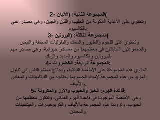 2-  المجموعة الثانية : ( الألبان ) وتحتوي على الأغذية المكونة من الحليب واللبن والجبن، وهي مصدر غني بالكالسيوم . 3-   المجموعة الثالثة : ( البروتين ) وتحتوي على اللحوم والطيور والسمك والبقوليات المجففة والبيض . والمجموعتين السابقتين في معظمهما من مصادر حيوانية، وهي مصدر مهم للبروتين والكالسيوم والحديد والزنك . 4-   المجموعة الرابعة :  الخضروات : تحتوي هذه المجموعة على الأطعمة النباتية، ويحتاج معظم الناس إلى تناول المزيد من هذه المجموعة لإمداد الجسم بما يحتاجه من الفيتامينات والمعادن والألياف . 5-   قاعدة الهرم :  الخبز والحبوب والأرز والمكرونة : وهي الأطعمة الموجودة في قاعدة الهرم الغذائي، وتتكون معظمها من الحبوب، وتزودنا هذه المجموعة بالألياف والكربوهيدرات والفيتامينات والمعادن . 