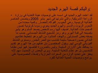 واليكم قصة الهرم الجديد  : لقد اعتمد الهرم الجديد في اسسه على توصيات هيئة التغذية في وزارة الزراعة الامريكية ,  والتي نشرتها في شهر يناير  2005  ويتضمن العناصر الغذائية الرئيسية ,  وهي الحبوب ,  الفواكه , الخضار ,  وكمية محددة من اللحوم ,  الزيوت والدسم .   والهرم الجديد يحوي رسوما كرتونية تصور المجموعات الغذائية ,  اضيف اليها رسم لشخص يصعد السلم وهو يشير بإصبعه الى قمة الهرم ,  وهو رمز لتشجيع النشاط الجسماني ,  حسب ما يصفه بعض المسئولين .   والهدف المنشود من الهرم هو تخطيط نظامهم الغذائي بصورة صحية سليمة تتناسب مع العمر , الجنس ,  ومستوى النشاط الفيزيائي اليومي لهم .  ويقول المختصون بان هدفهم من هذا الهرم هو تقديم ما يحافظ على الاوزان السليمة ,  وليس بالضرورة انقاصها ,  فهو ليس نظاما للتخسيس بل هو نظام للتغذية السليمة .  ويرى البعض ان التحديث مهم لأنه يحفز على تحديد الوارد من السعرات الحرارية وإضفاء الخصوصية على برامج وتوصيات الحمية الغذائية للفرد . 