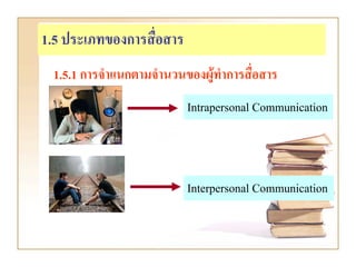 1.5 ประเภทของการสื่อสาร
 1.5.1 การจําแนกตามจํานวนของผูทําการสื่อสาร
                          Intrapersonal Communication



                          Interpersonal Communication
 