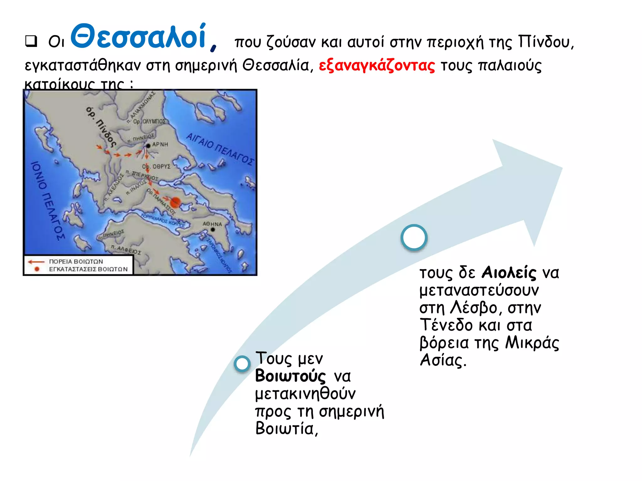  Οι Θεσσαλοί, που ζούσαν και αυτοί στην περιοχή της Πίνδου, 
εγκαταστάθηκαν στη σημερινή Θεσσαλία, εξαναγκάζοντας τους παλαιούς κατοίκους 
της : 
Τους μεν Βοιωτούς 
να μετακινηθούν 
προς τη σημερινή 
Βοιωτία, 
τους δε Αιολείς να 
μεταναστεύσουν 
στη Λέσβο, στην 
Τένεδο και στα 
βόρεια της Μικράς 
Ασίας. 
 