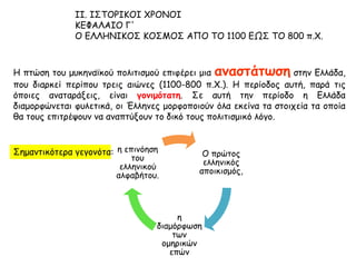 ΙΙ. ΙΣΤΟΡΙΚΟΙ ΧΡΟΝΟΙ 
ΚΕΦΑΛΑIΟ Γ' 
Ο ΕΛΛΗΝΙΚΟΣ ΚΟΣΜΟΣ ΑΠΟ ΤΟ 1100 ΕΩΣ ΤΟ 800 π.Χ. 
Η πτώση του μυκηναϊκού πολιτισμού επιφέρει μια αναστάτωση στην Ελλάδα, 
που διαρκεί περίπου τρεις αιώνες (1100-800 π.Χ.). Η περίοδος αυτή, παρά τις όποιες 
αναταράξεις, είναι γονιμότατη. Σε αυτή την περίοδο η Ελλάδα διαμορφώνεται 
φυλετικά, οι Έλληνες μορφοποιούν όλα εκείνα τα στοιχεία τα οποία θα τους 
επιτρέψουν να αναπτύξουν το δικό τους πολιτισμικό λόγο. 
Ο πρώτος 
ελληνικός 
αποικισμός, 
η διαμόρφωση 
των ομηρικών 
επών 
η επινόηση 
του ελληνικού 
αλφαβήτου. 
Σημαντικότερα γεγονότα: 
 