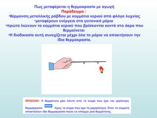 Πως μεταφέρεται η θερμοκρασία με αγωγή Παράδειγμα :   θέρμανση μεταλλικής ράβδου με κομμάτια κεριού από φλόγα λυχνίας μεταφέρουν ενέργεια στα γειτονικά μόρια  πρώτα λιώνουν τα κομμάτια κεριού που βρίσκονται κοντά στο άκρο που θερμαίνεται   Η διαδικασία αυτή συνεχίζεται μέχρι όλα τα μόρια να αποκτήσουν την ίδια θερμοκρασία. 