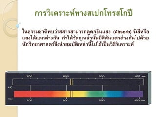 การวิเคราะห์ทางสเปกโทรสโกปี
ในธรรมชาติพบว่าสสารสามารถดูดกลืนแสง (Absorb) รังสีหรือ
แสงได้แตกต่างกัน ทาให้วตถุเหล่านันมีสีสนแตกต่างกันไปด้วย
                       ั            ้      ั
นักวิทยาศาสตร์จึงนาสมบัติเหล่านี้ ไปใช้เป็ นวิธีวิเคราะห์
 