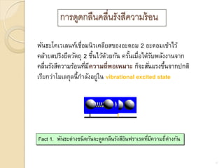 การดูดกลืนคลื่นรังสีความร้ อน

พันธะโคเวเลนท์เชื่อมนิวเคลียสของอะตอม 2 อะตอมเข้าไว้
คล้ายสปริงยึดวัตถุ 2 ชินไว้ดวยกัน ครันเมือได้รบพลังงานจาก
                        ้    ้        ้ ่ ั
คลื่นรังสีความร้อนทีมความถี่พอเหมาะ ก็จะสันแรงขึนจากปกติ
                    ่ ี                       ่     ้
เรียกว่าโมเลกุลนี้กาลังอยูใน vibrational excited state
                          ่




Fact 1. พันธะต่างชนิดกันจะดูดกลืนรังสีอนฟราเรดทีมความถีต่างกัน
                                       ิ        ่ ี    ่


                                                                 11
 