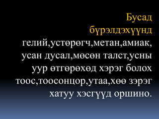 Бусад
                бүрэлдэхүүнд
 гелий,устөрөгч,метан,амиак,
 усан дусал,мөсөн талст,усны
   уур өтгөрөхөд хэрэг болох
тоос,тоосонцор,утаа,хөө зэрэг
       хатуу хэсгүүд оршино.
 