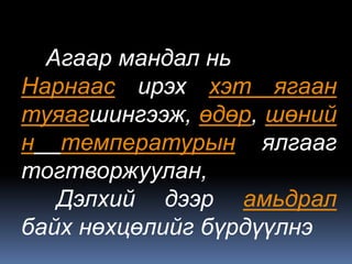 Агаар мандал нь
Нарнаас ирэх хэт ягаан
туяагшингээж, өдөр, шөний
н температурын ялгааг
тогтворжуулан,
   Дэлхий дээр амьдрал
байх нөхцөлийг бүрдүүлнэ
 
